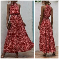 Chic Polka Dot Tiered Ruffle Halter Maxi Dress * Sleeveless * Gathered Halter Neckline * Detachable Belt * Keyhole Button Back Neck * Gathered Tiered A Line Maxi Skirt * High Elastic Stretch Waist *Approximate Unstretched Measurements* Small (4) * Bust 39.75" * Waist 25.25" (Up To 28") * Length 55.5" Medium (6) * Bust 41.25" * Waist 26.75" (Up To 30") * Length 56.25" Large (8/10) * Bust 43.5" * Waist 29" (Up To 33") * Length 57" Xl (12) * Bust 46" * Waist 31.5" (Up To 35") * Length 57.75" *On Or A Line Maxi Skirt, Maxi Dress Red, Black Floral Maxi Dress, Maxi Dress Sleeveless, Goth Dress, Halter Maxi Dress, Column Dress, Halter Maxi, New Chic