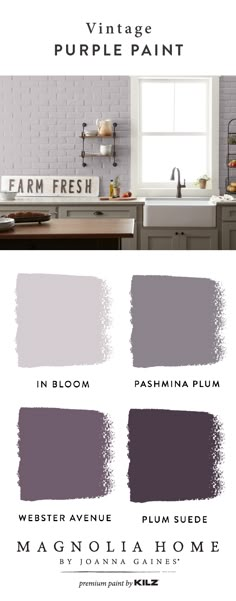 the kitchen is painted in shades of purple and gray