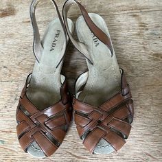 Tan Peep-Toe Sandals With A Tiny Heel And Sling Backs. Purchased From A Vintage Shop In Maine Circa 2015 So No Dust Bag. Good Used Condition - Please See Pics. Marked It 37.5 And Fit Like A Us 7.5. Shoes Cute, Peep Toe Sandals, Prada Shoes, Toe Sandals, Vintage Shop, Sling Backs, Women's Shoes Sandals, Vintage Shops, Shoes Sandals