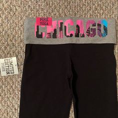 New With Tags Authentic Victoria’s Secret Pink Chicago Exclusive Fold Over Yoga Pants Destination Apparel. Yoga Pants Feature The Words Love Pink On The Front And Chicago With The Letters Depicting A Colorful Design Of The Skyline. Only Available For Purchase In Chicago Vs Stores! Limited Edition! Retired Design Sold Out In Stores! Size Xs. Fitted Gym Bottoms With Letter Print, Fitted Sporty Bottoms With Letter Print, Sporty Fitted Bottoms With Letter Print, Fold Over Yoga Pants, Words Love, Yoga Pant, Colorful Design, Fold Over, Secret Pink