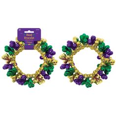 pair of purple and green beaded hoop earrings with gold accents on each earring