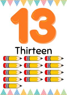 the number thirteen with pencils in front of it and an image of three different colored crayons