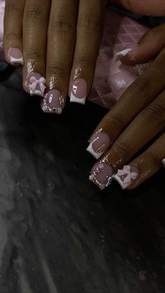 Cute Birthday Nail Sets Short, Short Nail Designs Charms, French Tips With Design Short, Short French Tip Nails With Rhinestones, Birthday Nail Designs Short, Scorpio Birthday Nails, Scorpio Nails Designs, Short Almond Nail Ideas, Short Square Nail Ideas