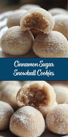 cinnamon sugar snowball cookies stacked on top of each other