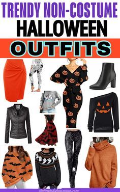 the cover of trendy non - costume halloween outfits, with pumpkins on them