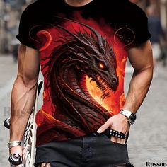 Russoo - Mens Graphic T-shirts Featuring Eagle and Lion 3D Digital Patterns, Crafted for Casual Comfort: Short Sleeve Pullover Tops Ideal for Summer Outdoor Wear Red Crew Neck Top For Halloween, Halloween Red Crew Neck T-shirt, Digital Patterns, Men's Graphic T Shirt, Short Sleeve Pullover, Wearing Red, Outdoor Wear, Outdoor Outfit, Comfy Tees