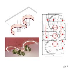 an architectural drawing and diagram of a spiral staircase with circular lights in the center, along with a plant hanging from the ceiling