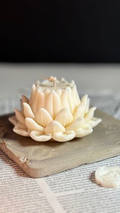 a white flower sitting on top of a wooden cutting board