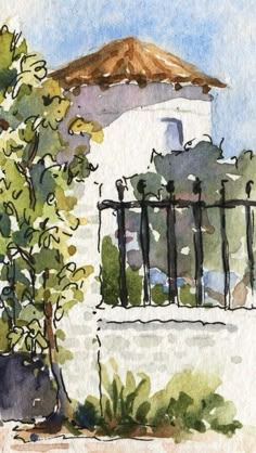 a watercolor painting of a house with a fence and trees