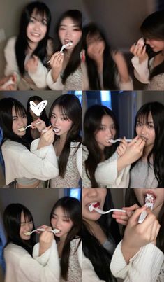 two girls are brushing their teeth together