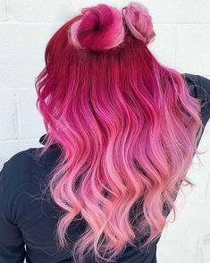 Hot Pink To Light Pink Hair, Pink Hair Inspiration Ombre, Pravana Pink Hair, Pink And Teal Hair Color Combinations, Split Dyed Hair Fall Colors, Pink Hair Full Head, Pink And Purple Ombré Hair, Pink Vivid Hair Color, Dark Pink Roots Light Pink Hair