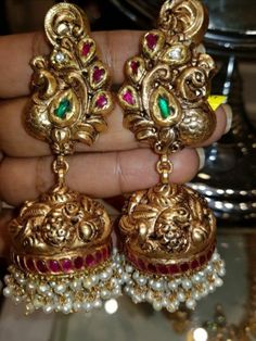 Nakshi Jhumkas, Big Earrings Gold, Temple Jewellery Earrings, 22 Carat Gold Jewellery, Terracotta Jewellery Designs, Bridal Diamond Necklace, Gold Jhumka, Antique Gold Earrings, Gold Jhumka Earrings