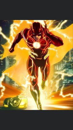 the flash running in front of a car with lightning coming out of its back end