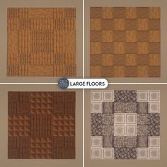 four different types of wood flooring in various sizes and colors, with the words large floors