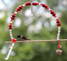 a bird sitting on top of a red beaded necklace next to a tube filled with beads