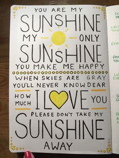 an open notebook with the words you are my sunshine, my sunshine and love written on it