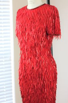 "How Fun this dress is soo fun...look a these fun Sharktooth beads..absolutely wonderful!! Excellent condition Measuring: 35\" length Bust: 34\" Waist: 26\" Hip:36\" Pet Free/smoke free Enjoy!" Formal Fitted Dress With Beaded Fringe, Glamorous Red Short Sleeve Dresses, Festive Fitted Dress With Beaded Fringe, Red Embellished Short Sleeve Dress, Red Short Sleeve Dresses With Sequins, Red Short Sleeve Sequined Dresses, Red Beaded Dress, Sharks Tooth, Beaded Party Dress