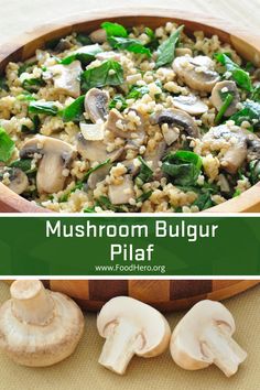 mushroom bulgur pilaf with spinach and mushrooms in a wooden bowl