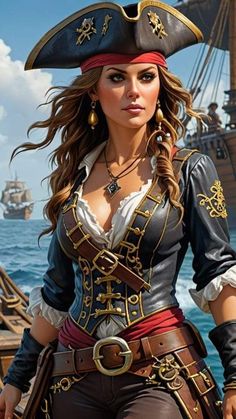 a woman in pirate costume standing on the deck of a ship