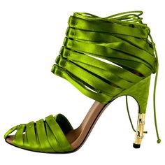 Presenting a pair of vibrant green satin lace Gucci heels, designed by Tom Ford. From the Spring/Summer 2004 collection, these heels debuted on the season's runway as part of look 29 modeled by Jaunel McKenzie, and were also used in look 31. These heels were highlighted in the season's ad campaign on Hana Soukupova, photographed by Mario Testino, and on a bed of serpents, shot by Guido Mocafico. These incredible heels are constructed with bright green satin ribbons at the toe and ankle with a th Tom Ford For Gucci, Tom Ford Gucci, Gucci Runway, Tassel Heels, Sequin Heels, Ballerina Heels, Gucci Heels, Mario Testino, Gucci Outfits