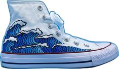 Casual Hand Painted White Sneakers, Casual Hand Painted White Custom Sneakers, Blue Custom Artwork Sneakers, Artsy White High-top Sneakers, Artistic White Sneakers With Custom Artwork, Artistic White Sneakers With Artwork, Artistic White High-top Canvas Shoes, Artistic Blue Sneakers With Custom Artwork, White Low-top Sneakers With Artwork