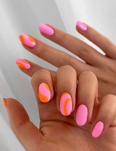 Nails One Different Color, Cute Nails Different Colors, Oval Powder Dipped Nails, Pink Colorful Nails, Simple Pink And Orange Nails, Halloween Nails Colorful, Nail Inspo￼, Two Tone Nail Designs Color Combos, Natalie Zacek Nails