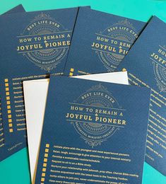 five blue and gold wedding stationery cards with the words how to remain joyful pioneers