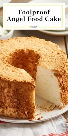 a close up of a cake on a plate with the words foolproof angel food cake