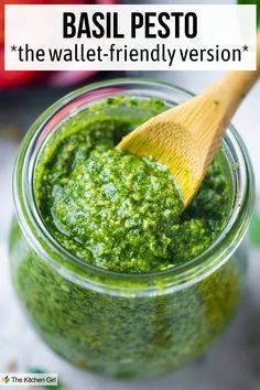 Basil pesto in glass jar with wooden spoon. Title: Basil Walnut Pesto: Budget-Friendly. Fresh Basil Pesto Recipe, Basil Pesto Recipe, Homemade Pesto Recipe, Basil Pesto Recipes, How To Make Pesto, Homemade Pesto, Awesome Recipes, Mediterranean Dishes, Pesto Recipe