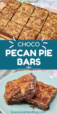 chocolate pecan pie bars stacked on top of each other with the title above it