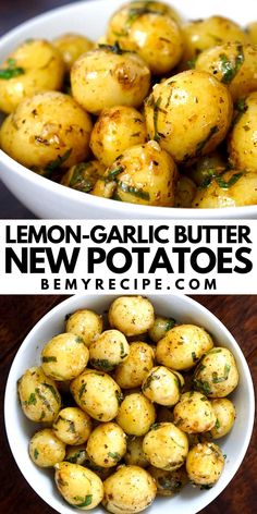 lemon garlic butter new potatoes in a white bowl and on a wooden table with text overlay