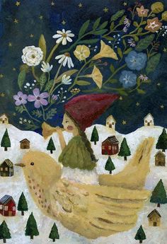 a painting of a girl riding on top of a chicken in the snow with flowers coming out of her head