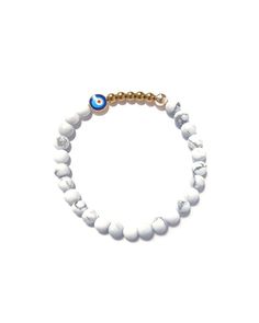 The Ojo bracelet is one of our top sellers and comes in a variety of colors, perfect for any season and every occasion! The evil eye provides protection against harm and the five gold hematite beads signify the Five Fundamental Virtues: Wisdom, Love, Truth, Goodness and Justice. Super Bowl Fashion, White Howlite, Hematite Beads, Crystal Cluster, Bridesmaids Gifts, Bracelet Stack