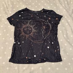 Cute Sun And Moon T-Shirt. Size Small, Just Doesn’t Fit Me, Never Worn, Smoke Free Home Trendy Moon Print Crew Neck Top, Black Graphic Tee With Moon Print, Trendy Crew Neck Top With Moon Print, Black Moon Print Graphic Tee, Black Summer Top With Moon Print, Black Short Sleeve Top With Moon Print, Black Short Sleeve T-shirt With Moon Print, Black Moon Print Crew Neck Top, Trendy Black Top With Moon Print