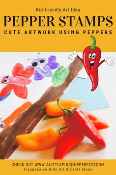 Pepper stamping a buggy craft with kids. Using longer narrow peppers rather then bell peppers kids stamp themselves some adorable bug friends in this fun and inexpensive art project idea for early learners. Whether at home or in the classroom Katie at A Little Pinch of Perfect has all the ideas and free printables you will need. Be sure to stop by and grab some neat ideas today. Bug Craft, Kid Friendly Art, Homeschool Fun, Inexpensive Art, Kids Stamps, Special Education Activities, Bug Crafts, Homeschool Crafts, Sweet Peppers