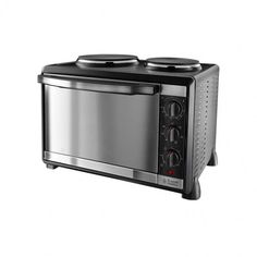 a black and silver toaster oven on a white background