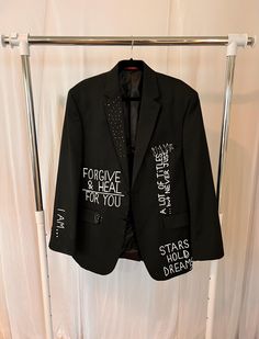 I AM ... Forgive & heal for you. ...a lot of titles, but never just.  Stars hold dreams.  If it makes my spirit feel good. I create my happiness  Color: Shadow (Black) Size: 46R (XL)  *Every piece is 1 of 1. BLAZER SIZE CHART  M (38) L (40-42) XL (44-46) 2XL (48) 3XL (50-52) MY BLAZERS ARE FOR ANY & EVERYONE! Upcycle Blazer, Diy Jacket Refashion, Painted Blazer, Gender Neutral Clothing, Neutral Clothing, Brunch Shirts, Gender Neutral Clothes, Embellished Clothing, Creative Clothes