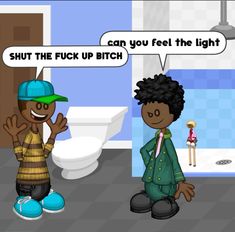 two cartoon characters talking to each other in a bathroom with a toilet and sink behind them