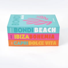 three books stacked on top of each other in front of a white background with the title bondi beach ibiza dohemia capriccio vita