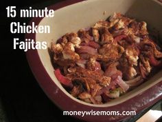 chicken fajitas in a red casserole dish with text overlay