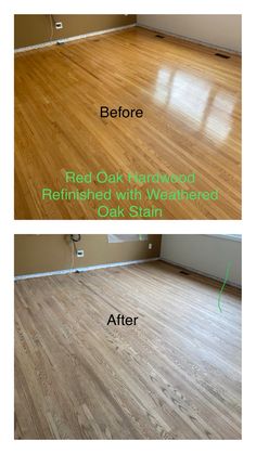 the before and after of a wood floor refinished with water stained oak stain