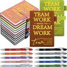 a set of four notebooks with pens and markers in front of them, including the words team work makes the dream work