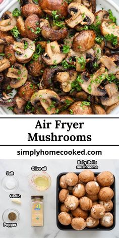 air fryer mushrooms with herbs and seasonings on the side, next to an image of