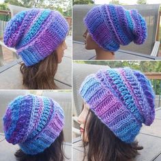 four pictures of a woman wearing a knitted hat with different colors on it and the same pattern as her hair