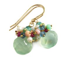 Soft Green Chalcedony Cluster Earrings Clusters of pink sapphire, seed pearls, blue topaz, pink opal, apatite, peridot and chrysoprase The main stone is 12mm Earrings hang 1.3 inches, over 20 carats A rainbow of colors The mannequin shows the relative size and how they will hang.   Please check out my ebay store for more gemstone earrings, bracelets and necklaces. Remember - Free Shipping!  Quality French earwires and finish available in sterling silver or 14k solid gold or 14k gold filled - you Pearl Amethyst, Chalcedony Earrings, Green Chalcedony, Cluster Earrings, Fine Jewellery Earrings, Pink Opal, Pink Sapphire, Sterling Earrings, Gemstone Earrings