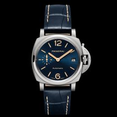 The lines of the Luminor Due are inspired by the Luminor 1950 case, which represents the culmination of the Panerai creations. All the elements originate directly from the history of the brand and they have all been subtly redesigned to emphasise the versatility of a watch which is a synthesis of the sporting spirit and the ability to wear it for more elegant and special occasions. Modern Blue Automatic Watch Accessories, Elegant Blue Chronograph Watch Accessories, Blue Automatic Watches For Formal Occasions, Modern Blue Watch With Subdials, Formal Blue Automatic Watches, Luxury Blue Watches For Business, Designer Watch With Chronometer And Round Dial, Modern Blue Formal Watch Accessories, Timeless Blue Watches For Formal Occasions