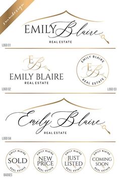 three different logos for real estate, including the name and price tag on each one