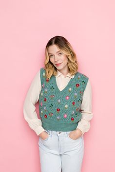 The Tilly Vest is inspired by 1930's cable knit cardigans. The combination of bobble detailing and hand-embroidery make the Tilly Vest ever so charming! 100% super fine wool. Made in Nepal. Wool Sweater Aesthetic, Cute Vest, Vest Styling, Knitted Vest Outfit, Knit Vest Outfit, Knit Cardigan Outfit, Turquoise Clothes, Sweater Vest Outfit, Argyle Sweater Vest