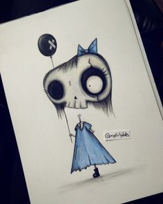 a drawing of a skeleton holding a balloon with a cat on it's head