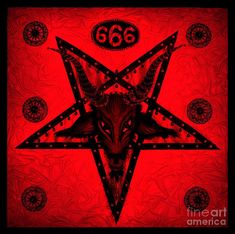 a goat head with the number 66 on it's face in front of a red background